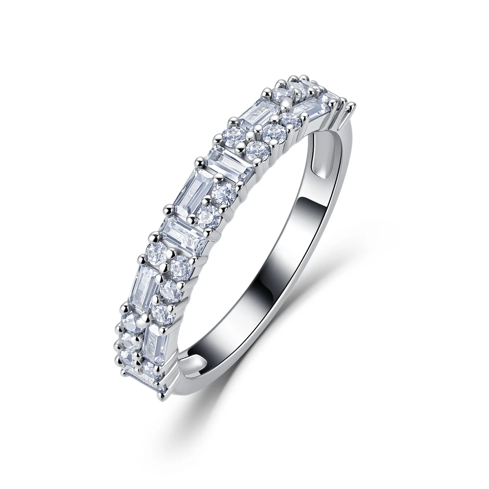 Women Solid S925 Silver Baguette Pave Moissanite Band D Color Fine Jewelry