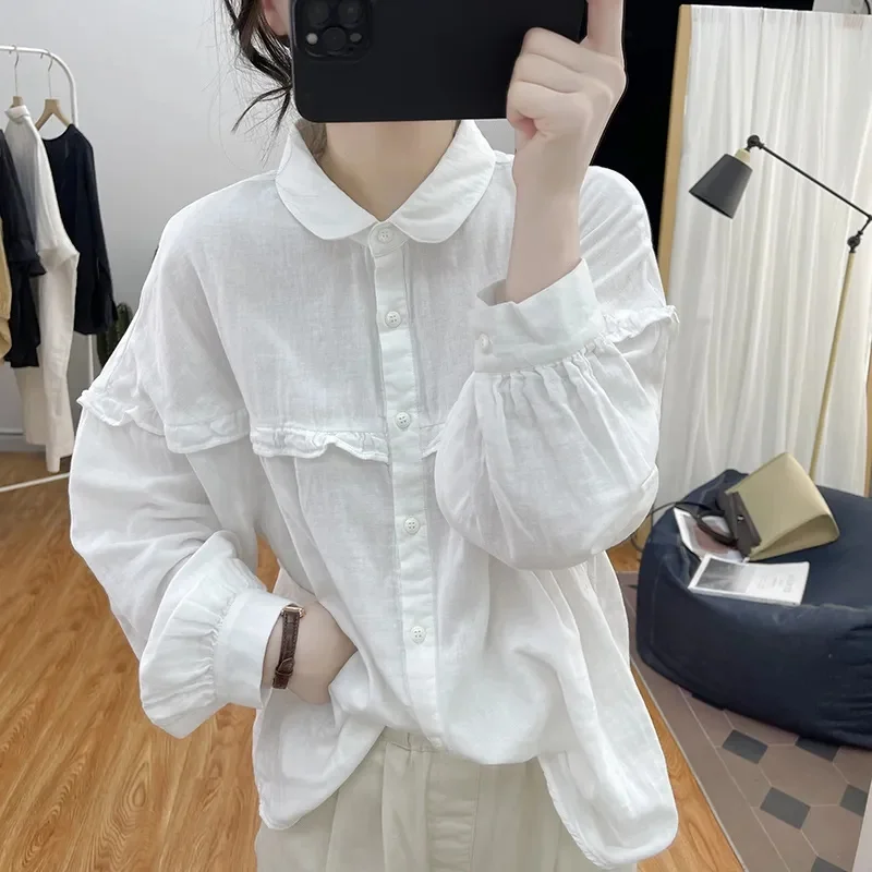 Lantern Sleeve Cotton Long-Sleeved Shirt Female Korean Version Of Spring And Autumn Ruffled Top Retro Bottoming Shirt Women's