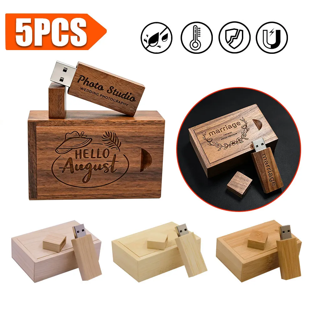5 PCS/LOT USB Flash Drive Wooden Box Pen Drive Wood USB2.0 Free Custom Logo 32GB 64GB Memory Stick for Gift 4GB 8GB 16GB