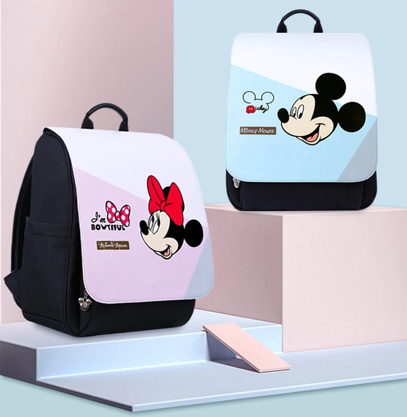 Disney-Bolsa de PU para cochecito de bebé, mochila de viaje para pañales de maternidad, Mickey y Minnie, impermeable, con aislamiento para biberón