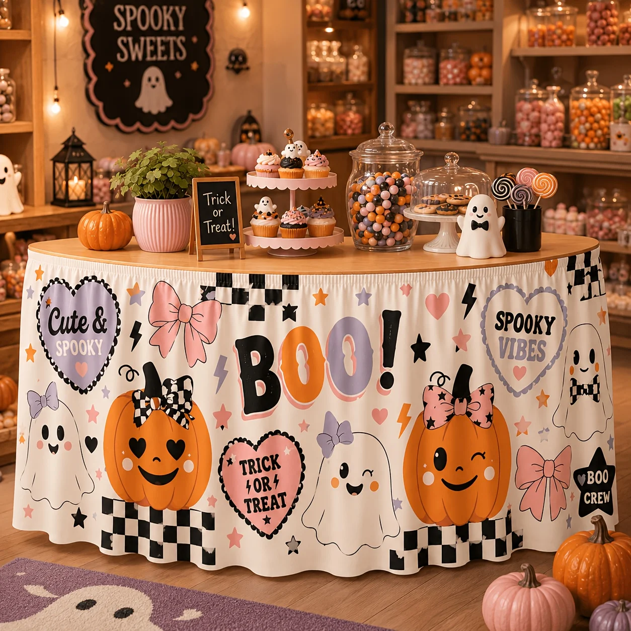 1 tablecloth table skirt, cute girlish Halloween table skirt Boo pumpkin pink purple bow.