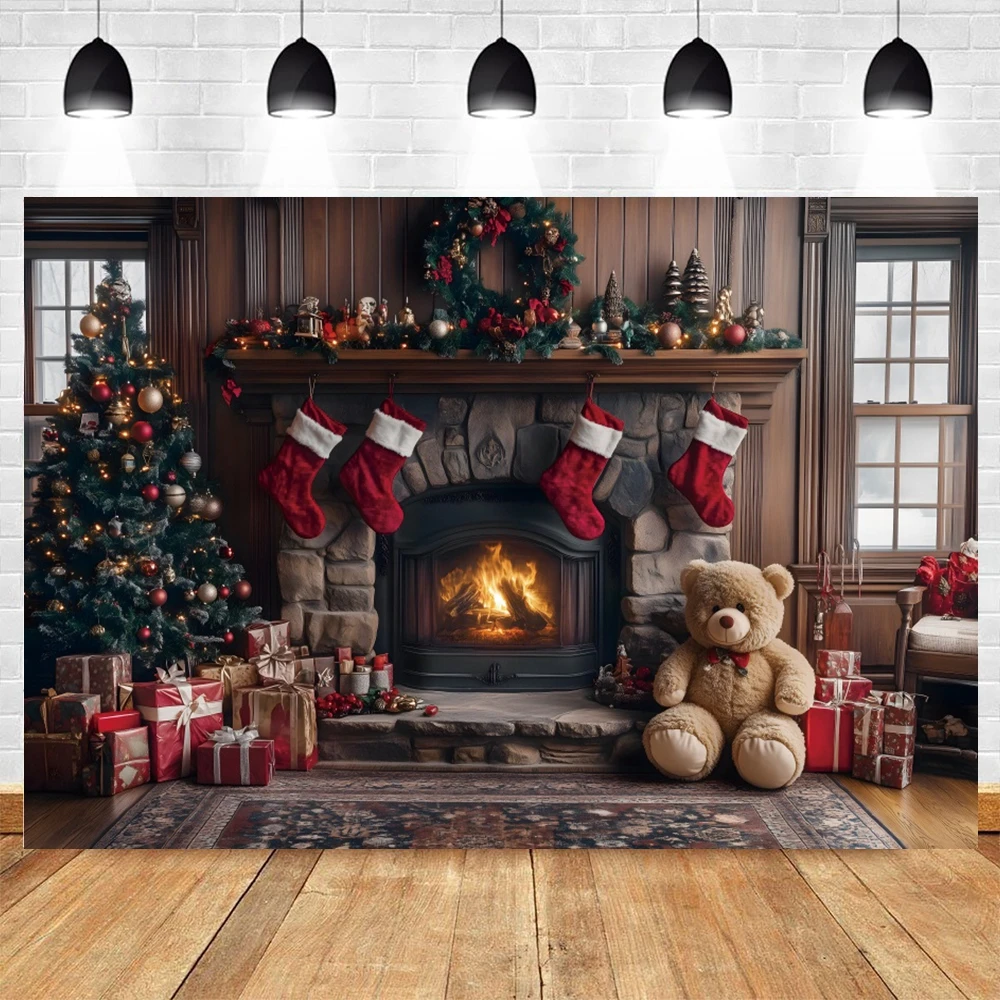 Christmas Backdrop Old Brick Fireplace Xmas Tree Gifts Toy Bear Kids Baby Photo Photography Background Decor Photo Studio Props