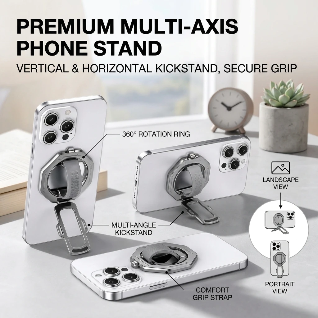 Multifunctional Magnetic Metal Phone Holder Rotating Folding Anti-Slip Desktop Stand with Silicone Ring And Buckle