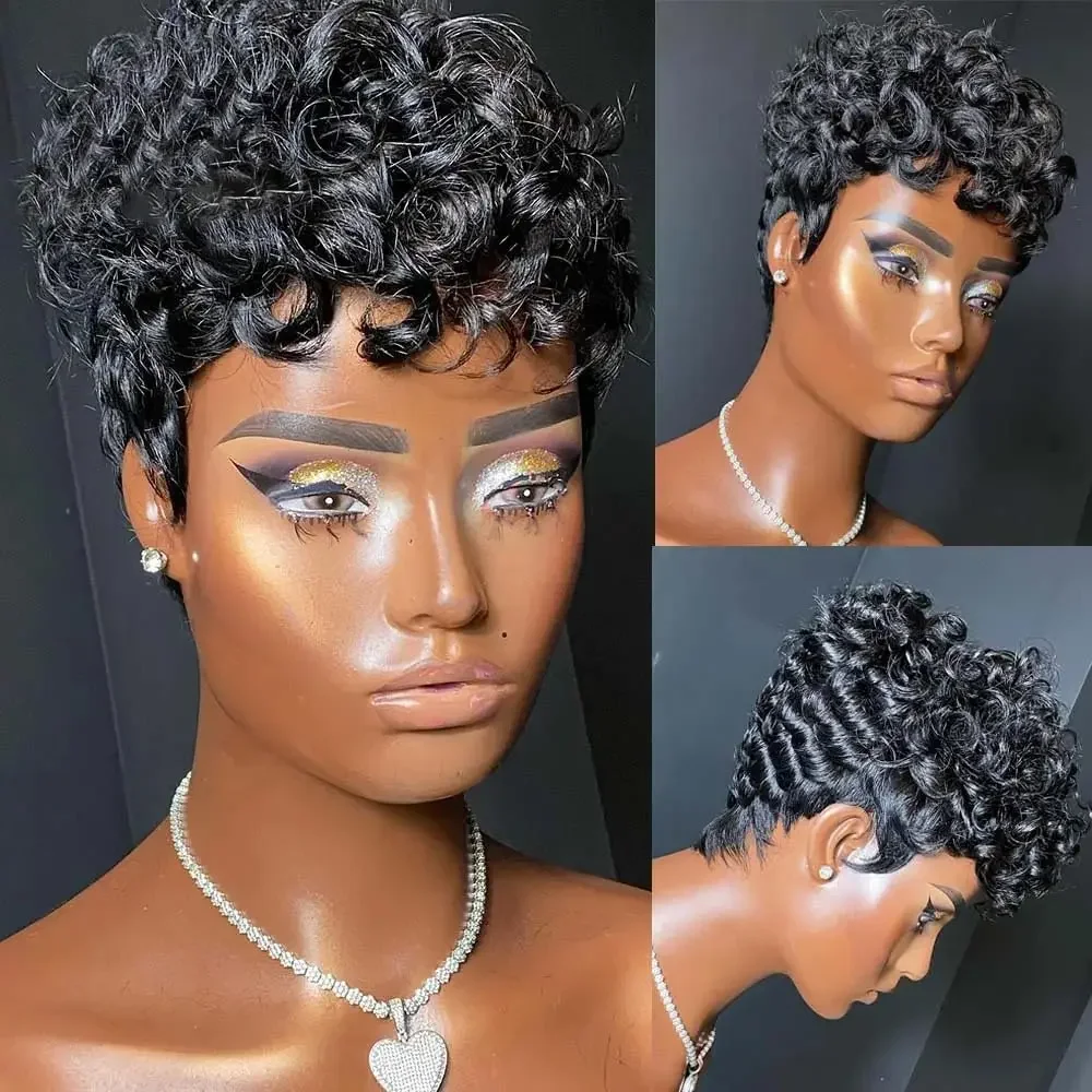 

Hort Pixie Wigs Full Machine Made Short Black Curly Pixie Wigs Human Hair Wigs for Women Natural Wavy Black Pixie Cut Wig