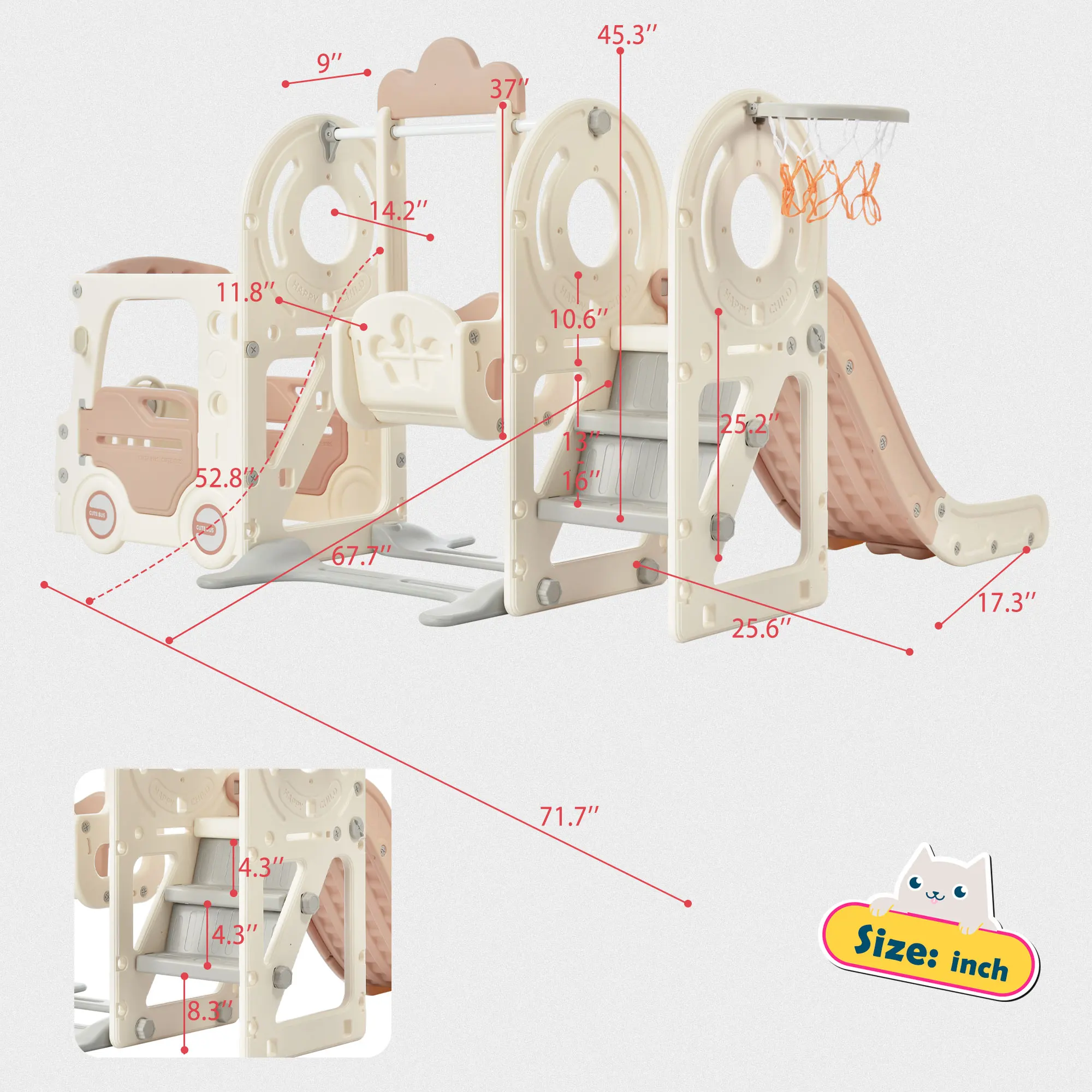 Kids 'Swing N-Slide com estrutura de jogo de ônibus, brinquedo autônomo com slide e swing para crianças pequenas, conjunto de slides com basquete Ho