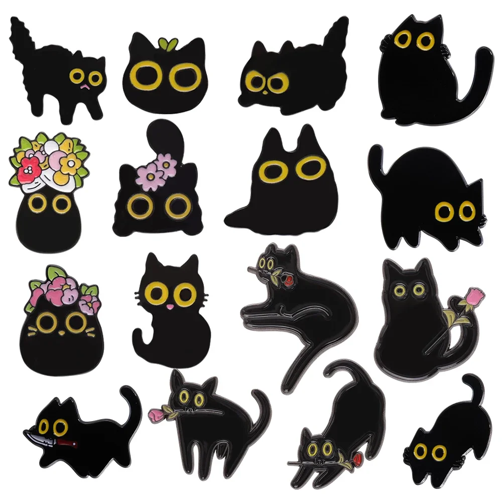 17 Types Black Cat Flower Enamel Brooches Funny Big Eyes Rose Kitten Cartoon Cute Pet Lapel Badges Backpack Clothes Jewelry Gift