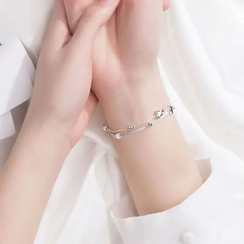 Fashion 925 Sterling Silver Beautiful Star Bracelets For Women Girls Korean Designer Double Layered Bead Bracelet Party Jewelry