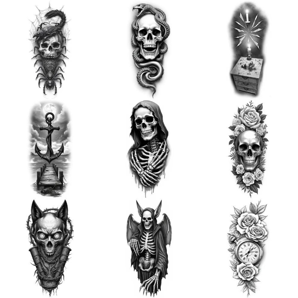 3pcs Temporary Tattoo Black And Grey Realism Roses And Clock Candle Box Hooded Skeleton For Men Arms Adults