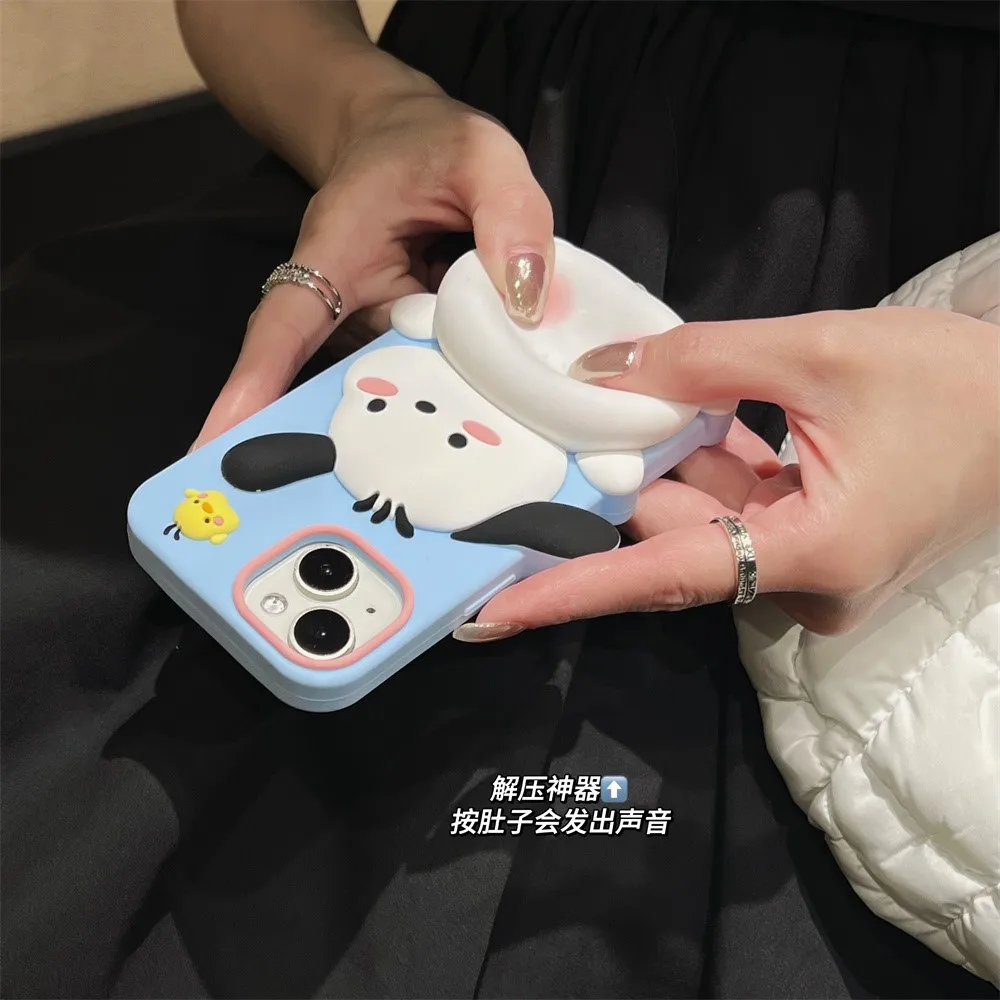 Cute 3D Cartoon Pochacco Dog Butt Phone Case Suitable For iPhone 16 15 14 13 12 Pro Max 11 Y2K Press Soft Silicone Cover