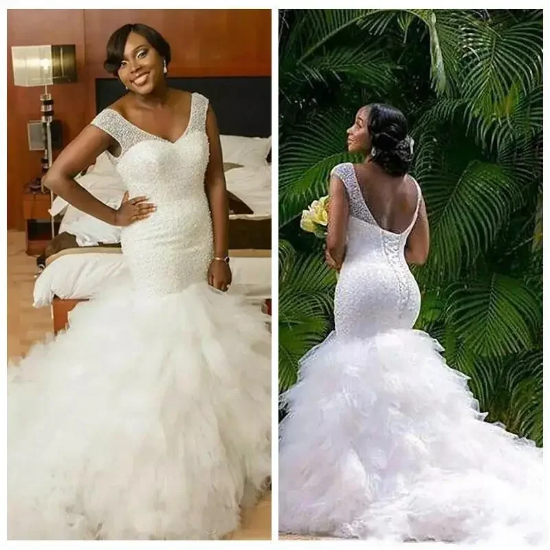 Personalizado sereia com decote em v vestidos de casamento frisado fino tule inchado vestidos de noiva rendas até voltar plus size formal vestidos de novia