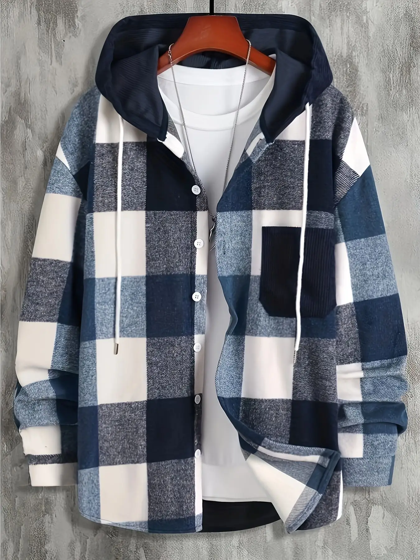 Thick exterior color blocked checkered hooded shirt