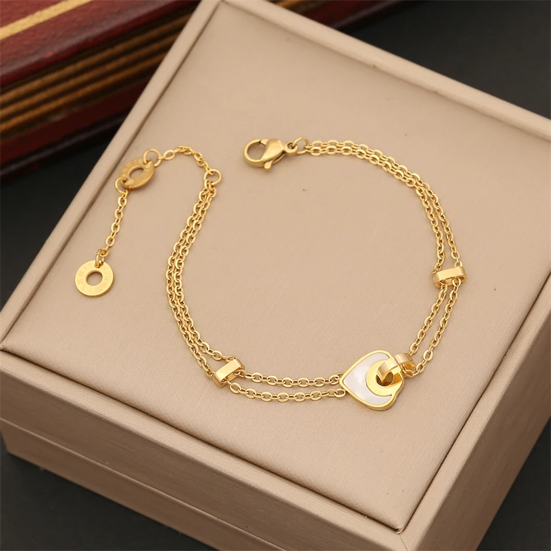 316L Stainless Steel New Fashion Jewelry 2-layer Circled Roman Numerals Love Heart Shell Charm Chain Bracelets Anklets For Women