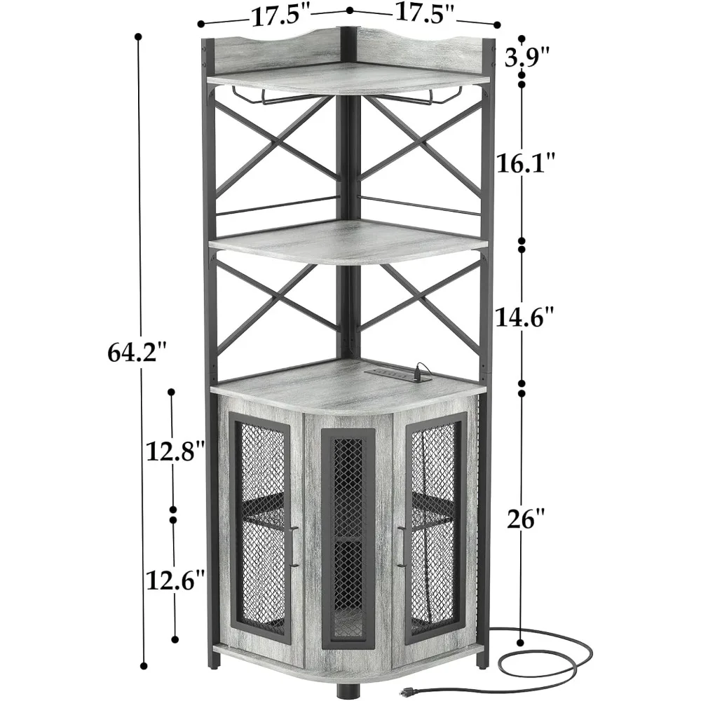 Corner Bar Cabinet with Power Outlet, Wine Cabinet with LED Strip and Glass Holder, 5-Tiers Corner Display Cabinet