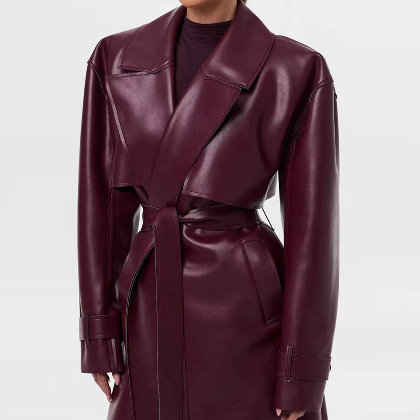 2025年冬新作 レディース ファッション ロングコート ベルト付き 多用途 通勤 アウター エレガント レディース 高級レザー ジャケット