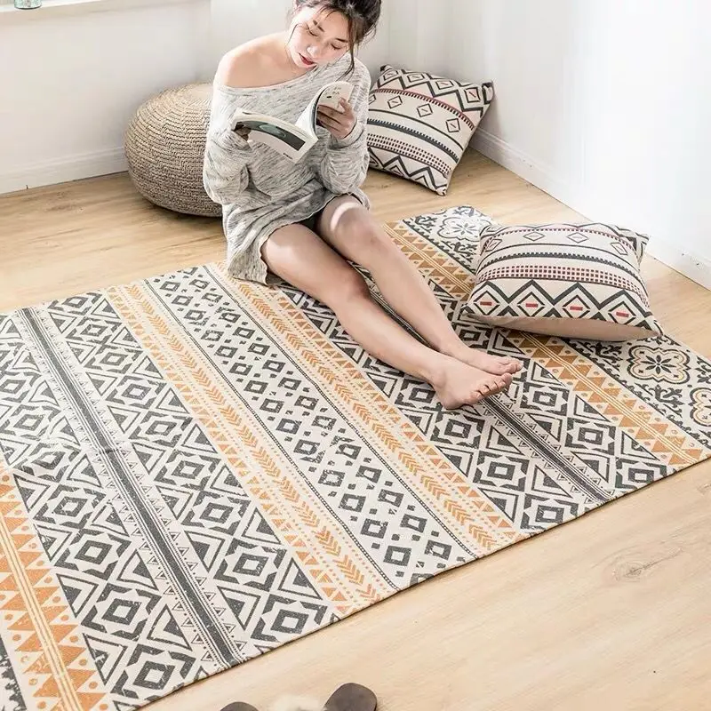 Retro Cotton Linen Carpet Anti-slip Geometric Area Rug Yoga Mat Carpets for Living Room Bedroom Area Rugs