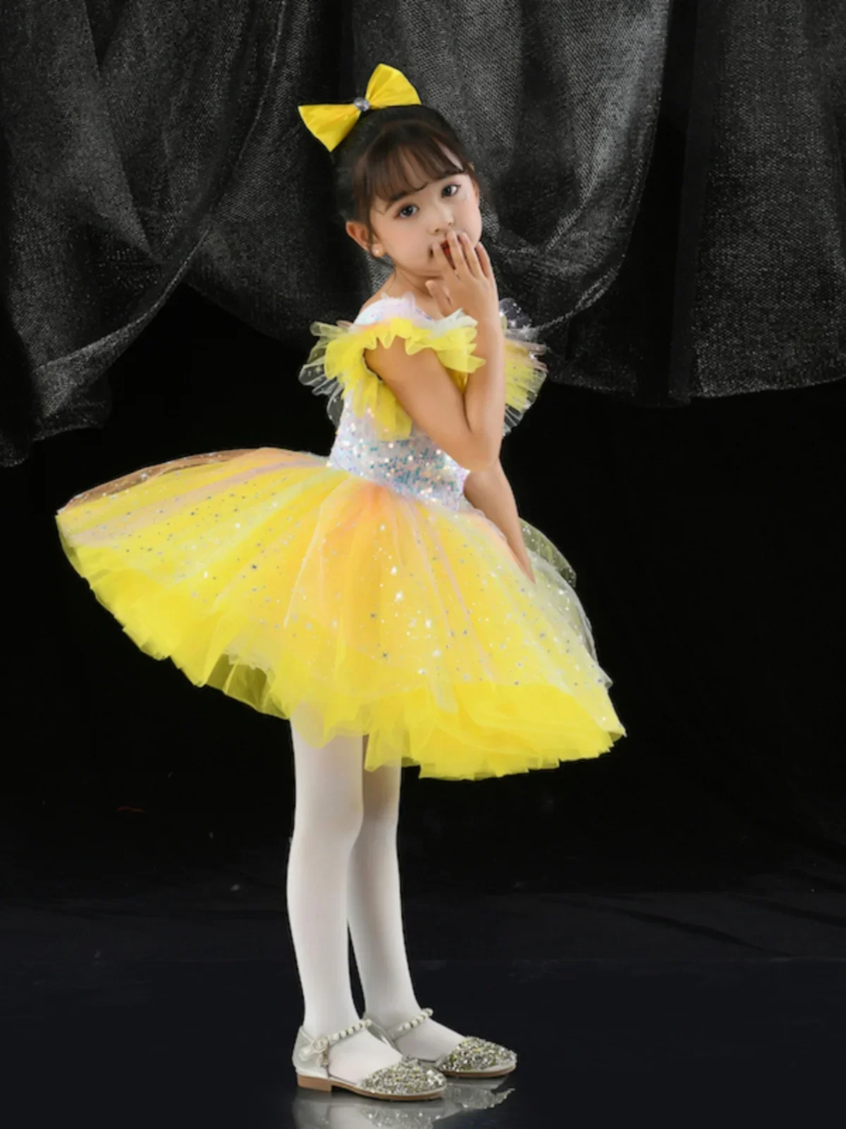 Children Sequin Princess Dress Pink Cute Modern Dance Tutu Dress Performance Clothes Ballet Skirts Jazz Dance Costume