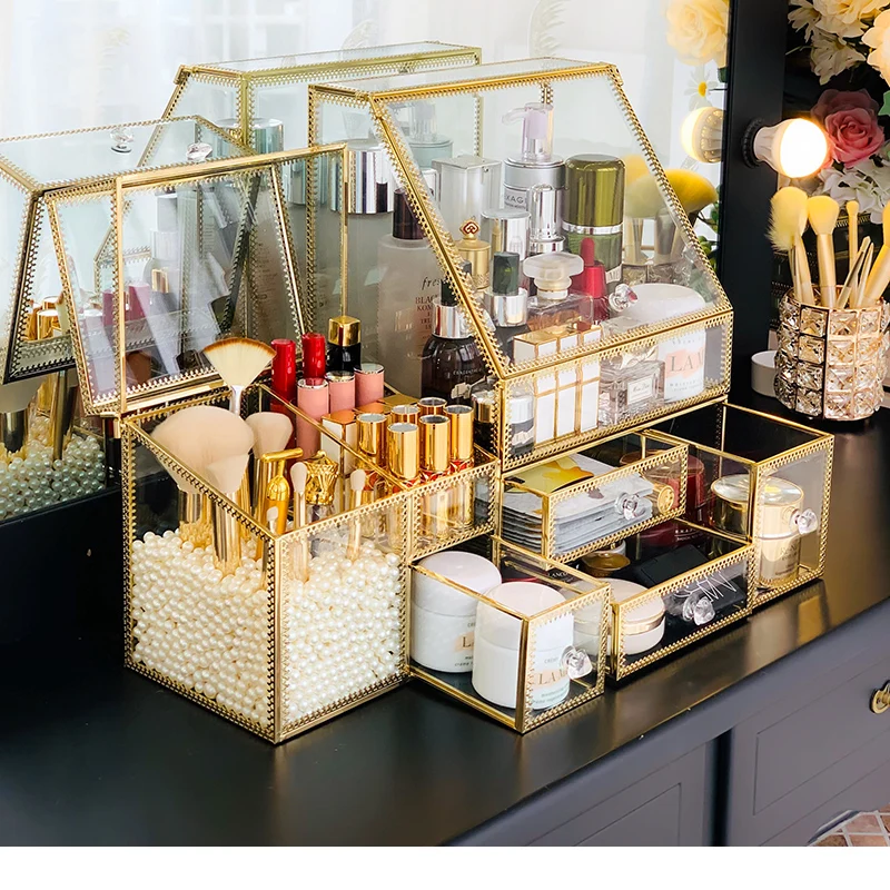 

Nordic Sle Glass Cosmetic Storage Ra Desktop Organizer Lipsti Box Skin Care Product Holder Rectangular Single Layer Tray
