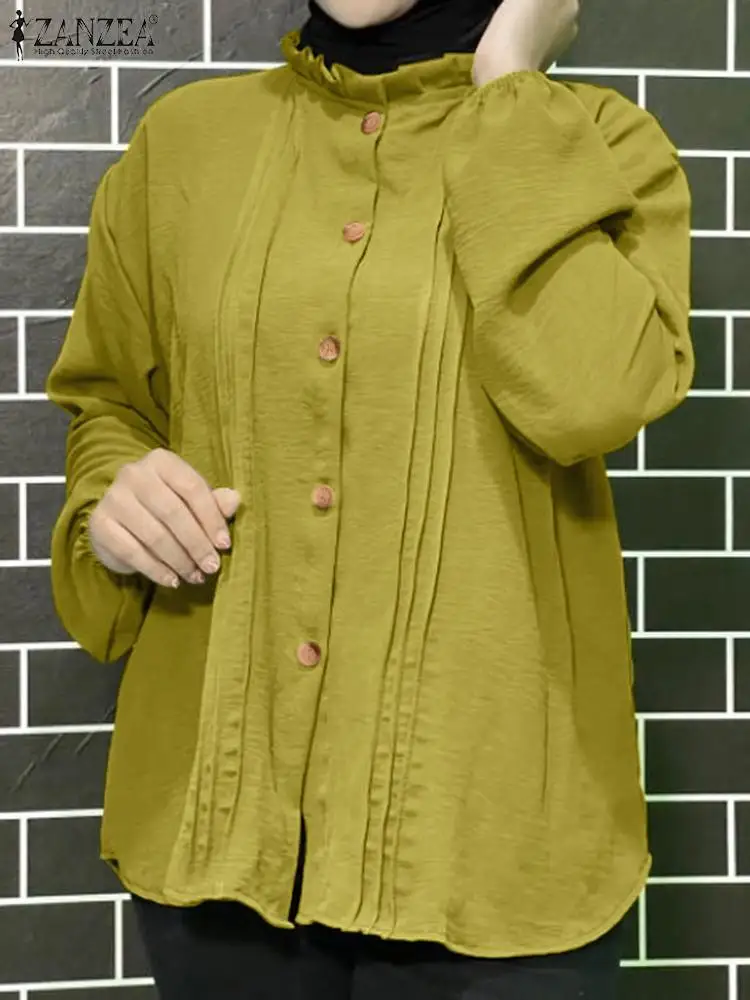 

ZANZEA Autumn Fashion Muslim Tops Women Solid Buttons Up Pleated Shirt Casual Long Sleeve Blouse Dubai Islamic Clothing 2024