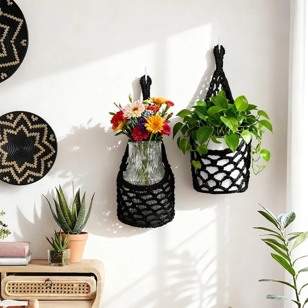 Boho Macrame Wall Plant Hanger Cotton Hollowed-out Hanging Basket for 4 Inch Pots Woven Storage Mesh Bag