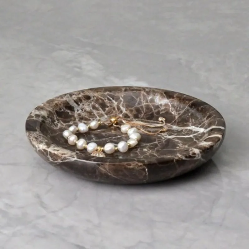 European Light Luxury Brown Vein Marble Tray Fruit Plate Jewelry Storage Ornament Decor for Living Room Hotel Showroom
