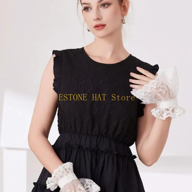 49MF Anime Lace Cuffs Women Short Fingerless Bridal Wrist Cuffs Hand Sleeve for Halloween Costume Wedding Tea Party