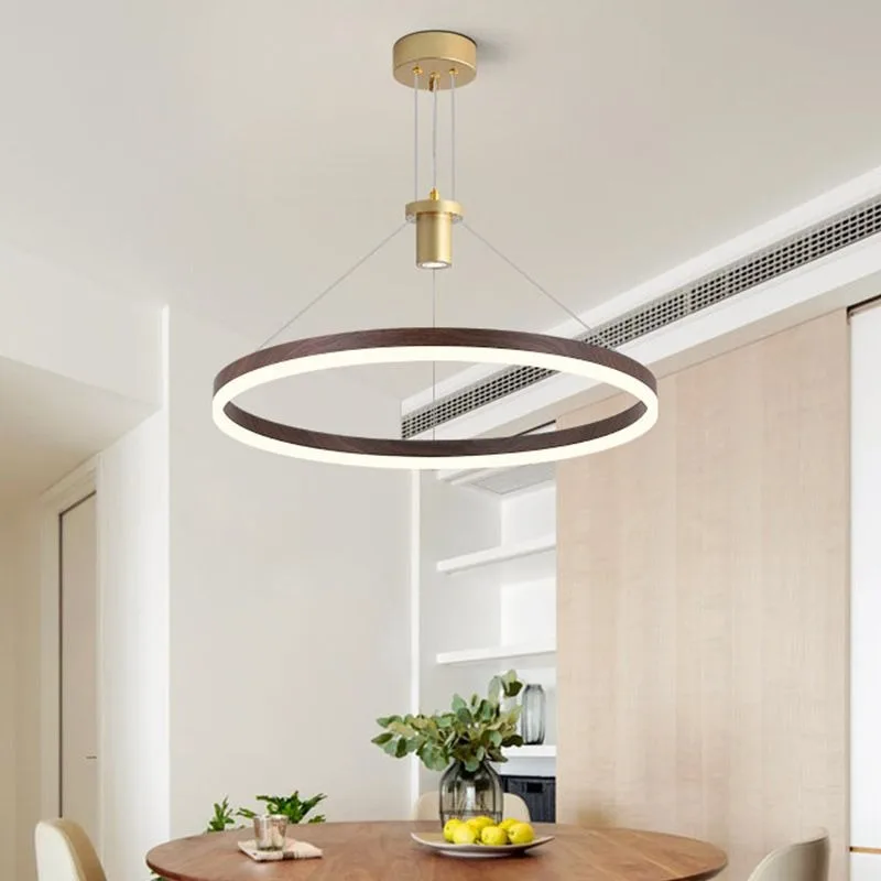 Modern Minimalist Creative Faux Wood Metal Ring LED Pendant Light Living Room Dining Bar Study Home