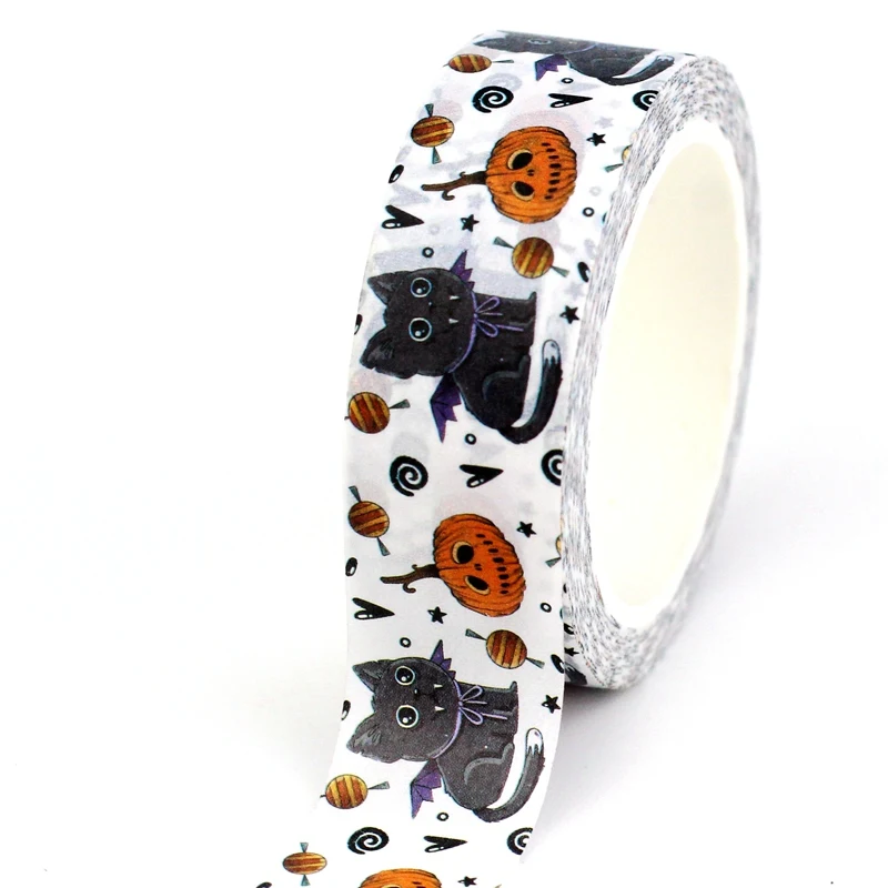 2023 NEW 1PC 10M Decorative Halloween Black Cat & Pumpkin Washi Tape for Planner Adhesive Masking Tape Cute Stationery