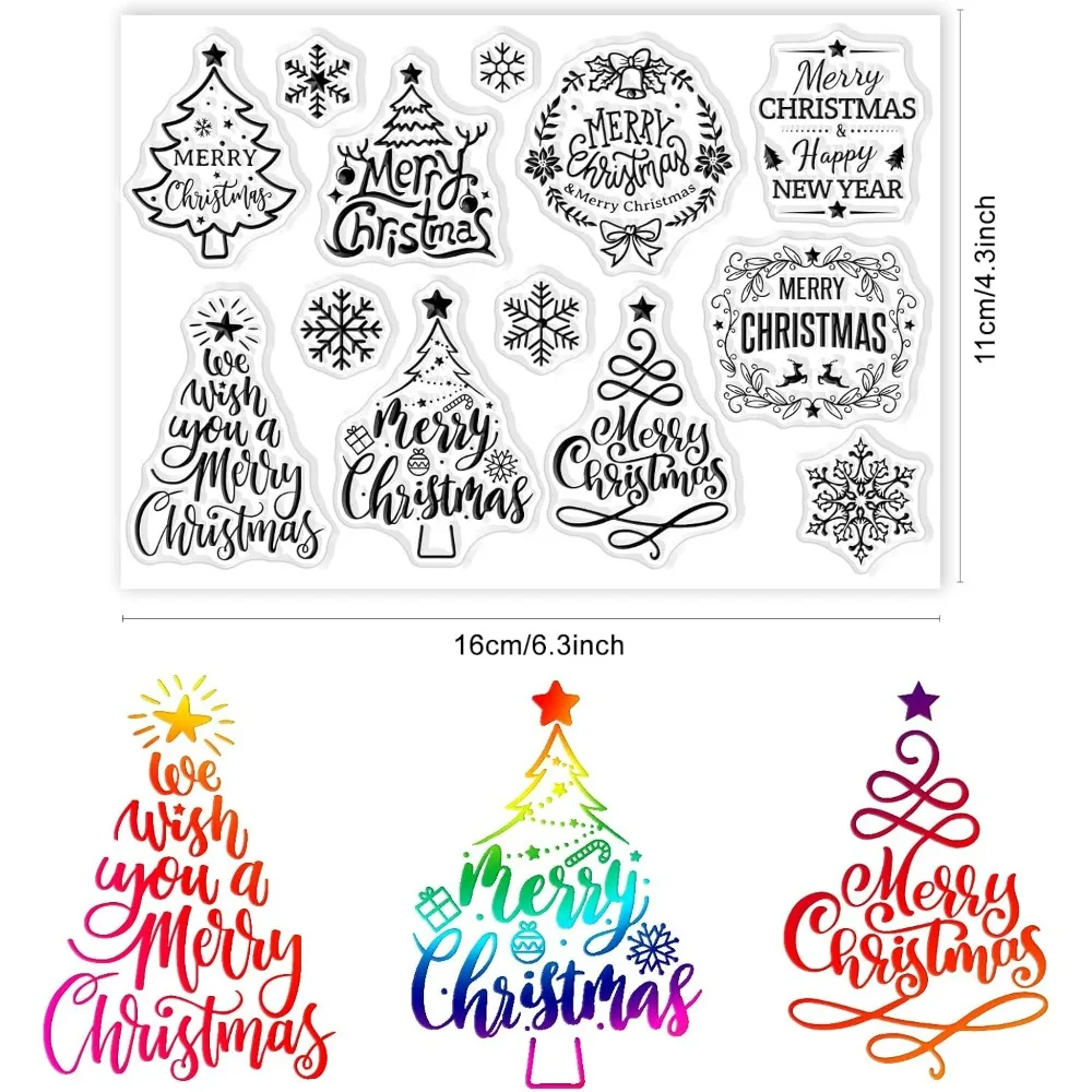 13PCS Merry Christmas Tree Clear Stamps Transparent Rubber Stamps Seal Snowflake Xmas Blessing Words for Card Making Decoration