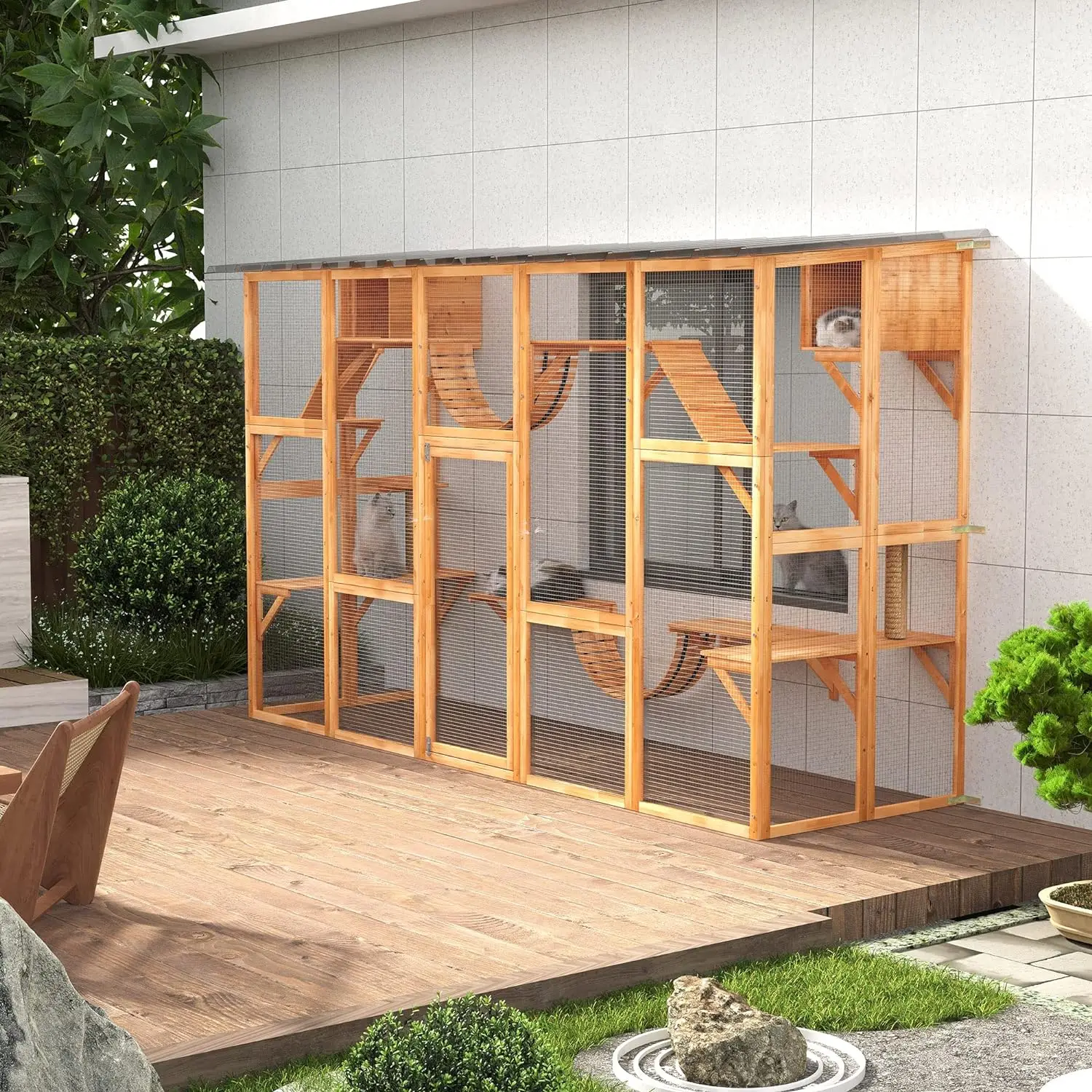 Catio Playground Cat Window Box Outside Enclosure, Outdoor Cat House w/ Roof for Multiple Kitties, Wooden Frame, Shelves&Bridges