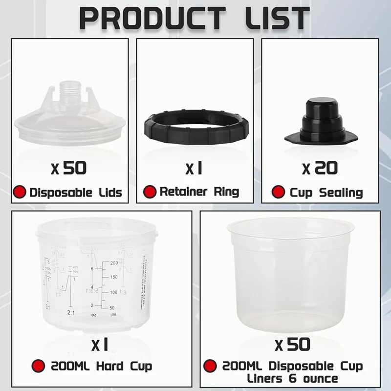 Paint Spraygun Cups Liners And Lid System 6 Ounce (200Ml) Kit With Retainer Ring For Primers, Coatings.