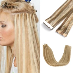 K.S WIGS Mini Tape In Human Hair Straight Extensions Seamless European Natural Non-Remy Hair Skin Weft Adhesive Extension