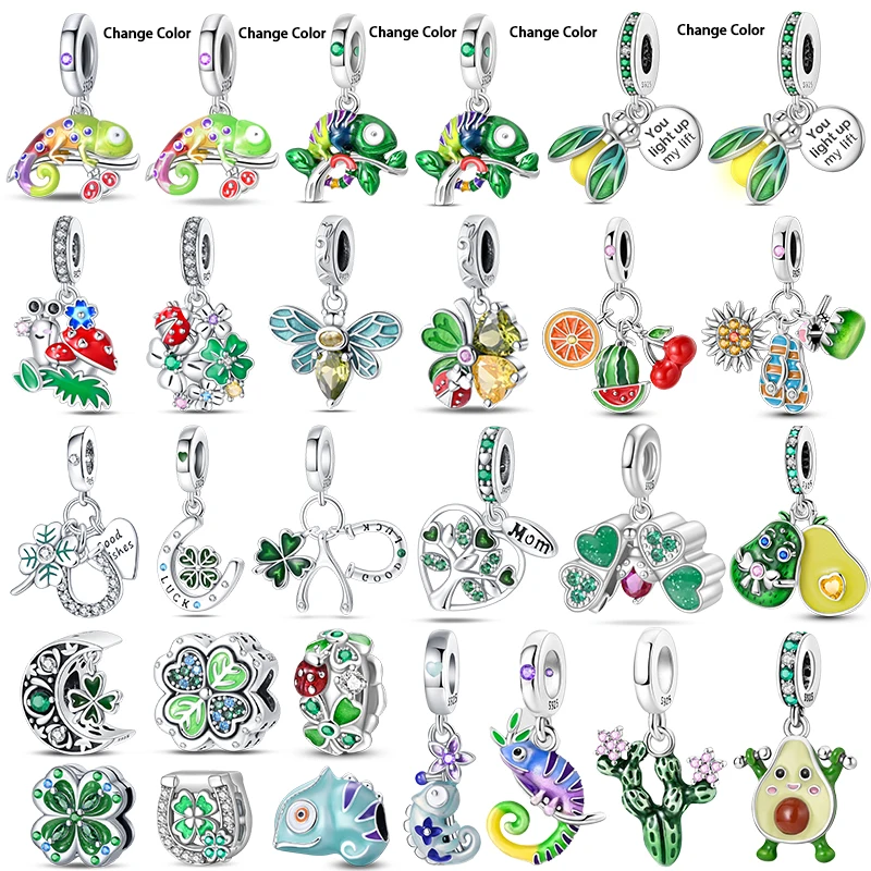 

925 Sterling Silver Colorful Chameleon Animal Four-leaf Clover Charms Beads Fit Pandora Original Bracelets DIY Jewelry Making