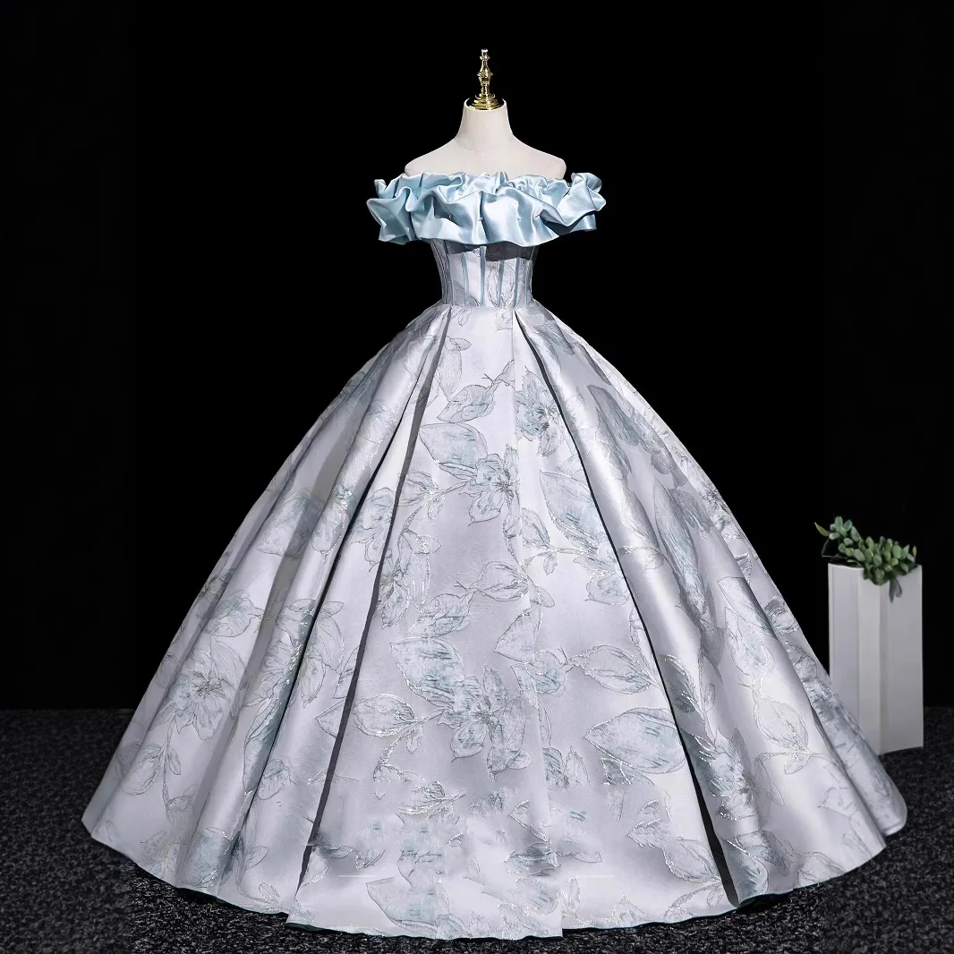 Light Blue Off Shoulder Satin Ball Gown Floral Jacquard Princess Prom Dress Lace Up Back for Quinceanera