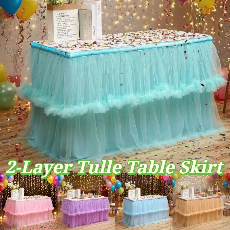 Dreamy 2-Layer Tulle Table Skirt Yarn Ruffled Lace for DIY Wedding Birthday Party Halloween Dessert Table Decoration Tablecloth