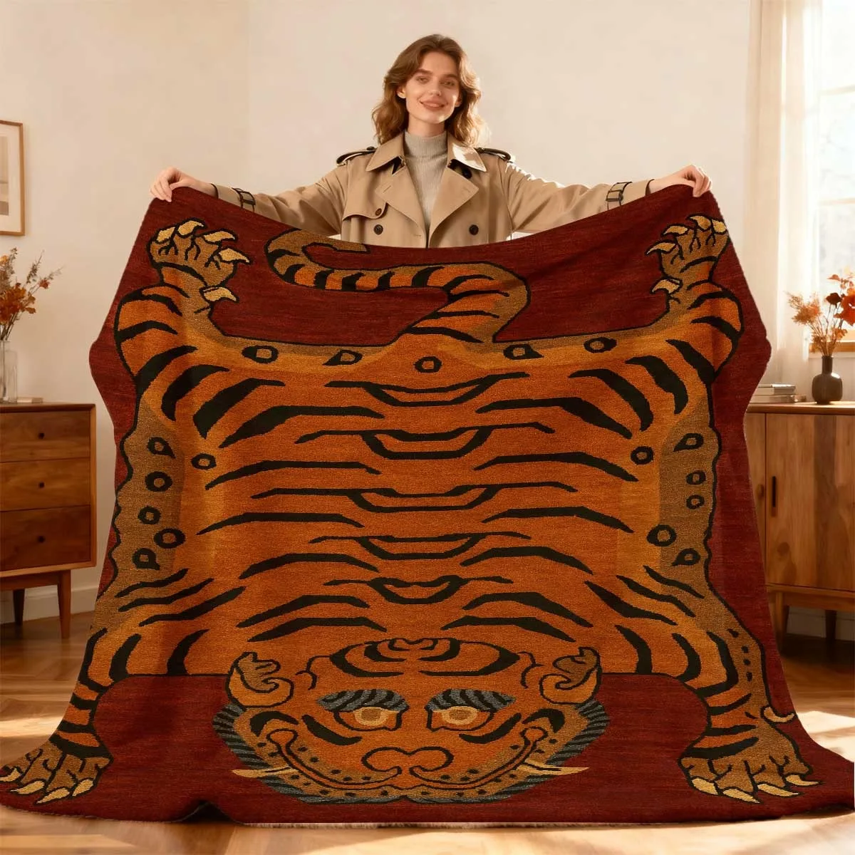 1 Comfortable Polyester Tiger Print Digital Flannel Blanket, Double-sided Multifunctional Throw Blanket, Machine Washable, Suita