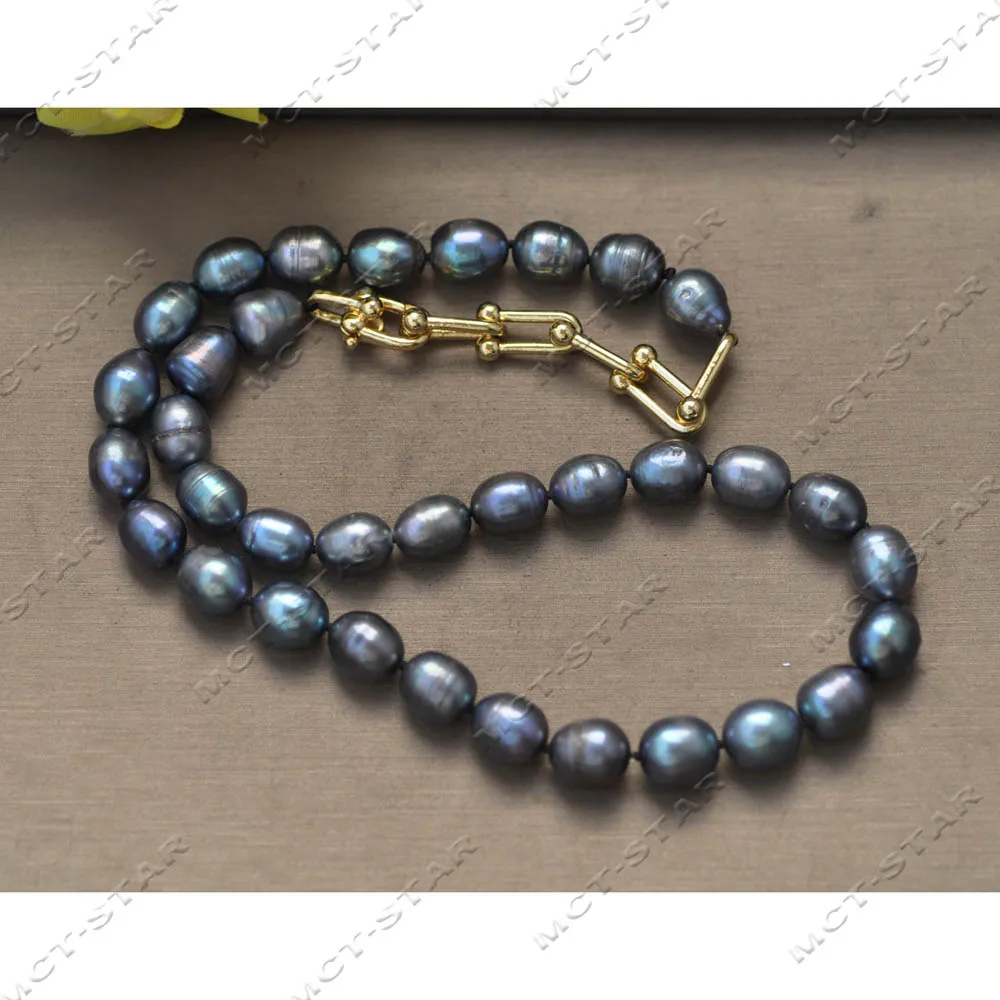 Z14324 19" 12mm Peacock Black Rice Freshwater Pearl Necklace Chain Clasp