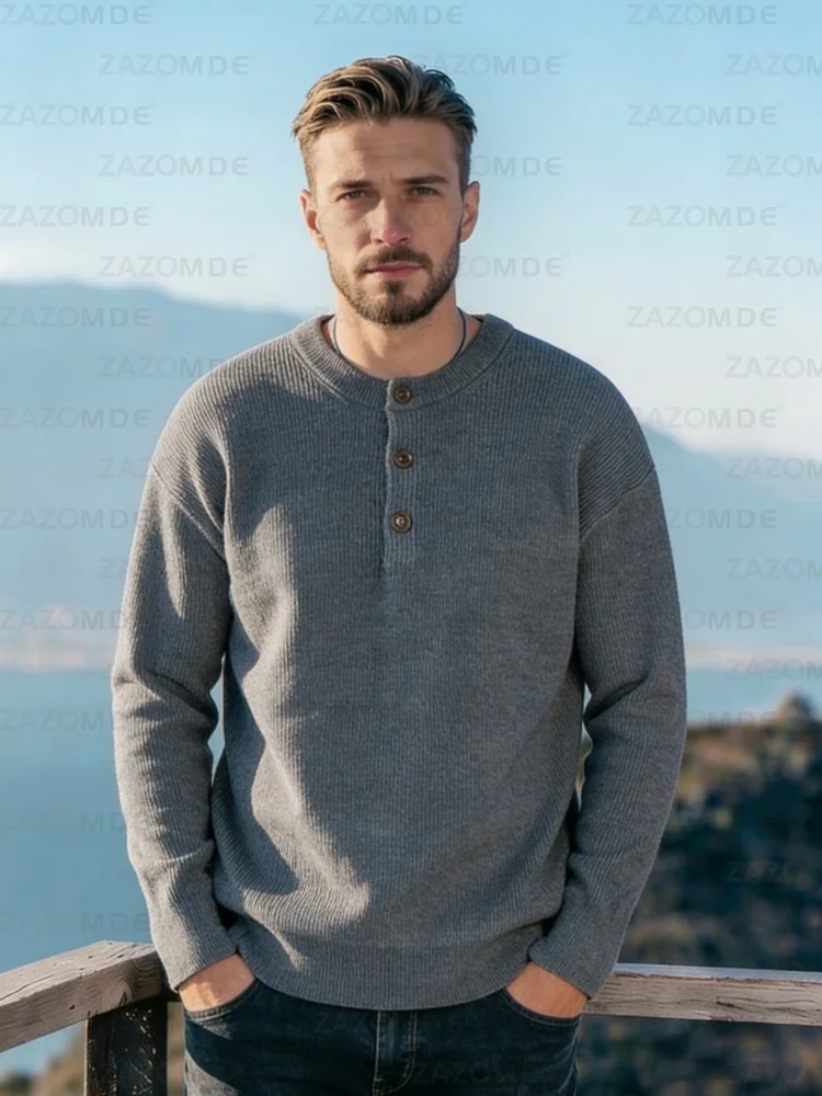 

ZAZOMDE Fashion Slim Fit Three Button Neck Mens Sweater Lightweight Knit Pullover Solid Color Long Sleeve Top For Spring Autumn