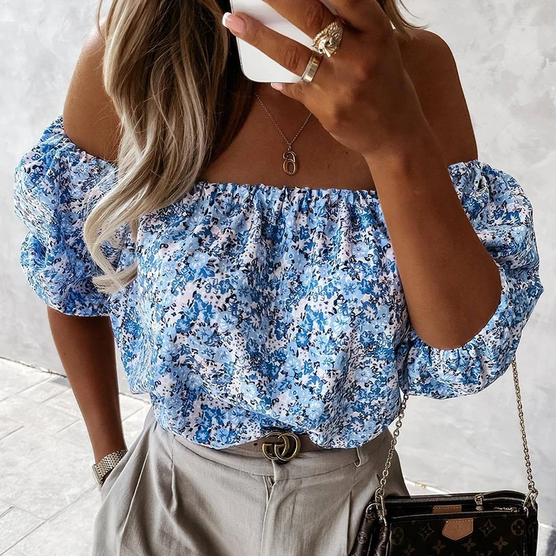 Ardm Sweet Off Shoulder Floral Print Tunic Tops For Women Short Sleeve Cropprd Shirts Sexy Backless Spring Womens Blouse