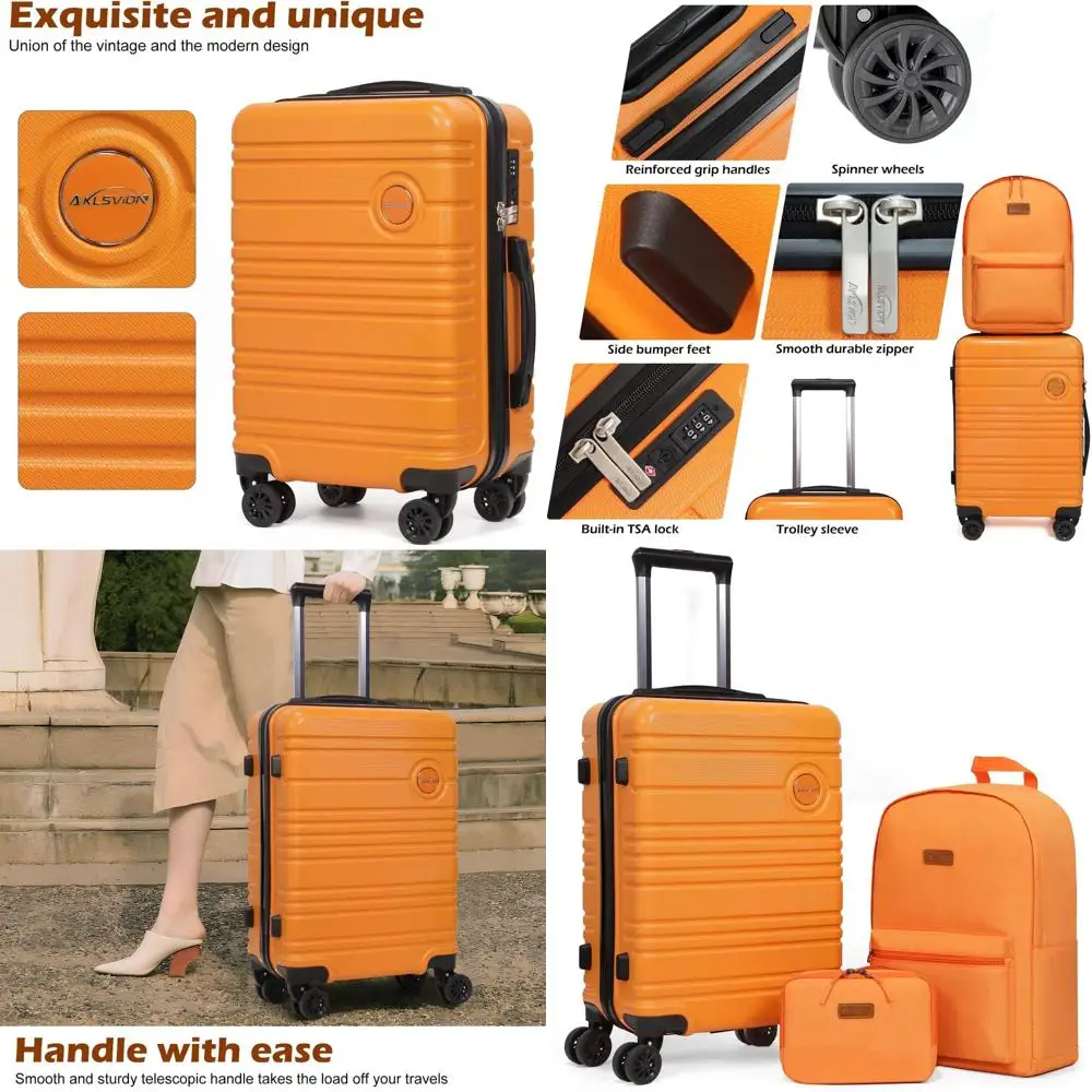 

Orange 3-Piece ABS+PC Carry-On Luggage Set with Backpack, 20-Inch Hardshell Spinner Suitcase with TSA Lock