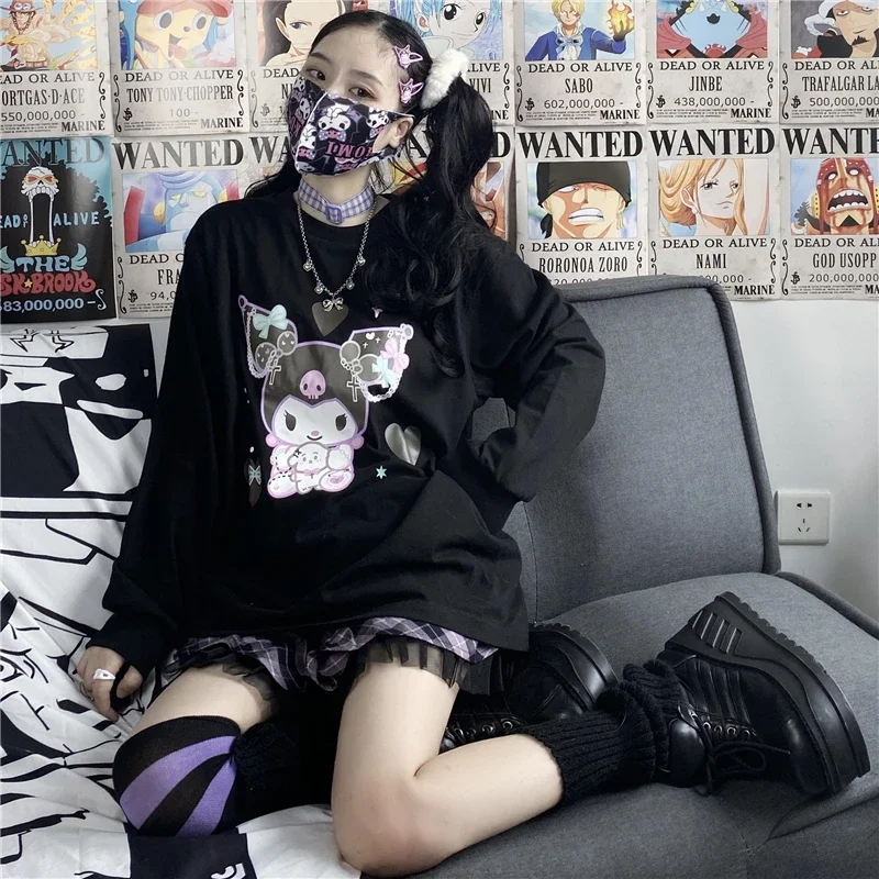 原宿-女性用長袖Tシャツ,愛らしい漫画のプリントブラウス,ストリートウェア,ラウンドネック,秋