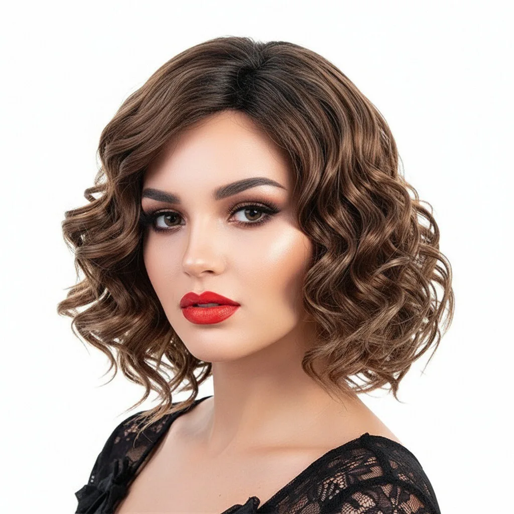 

MSIWIGS Women Short Brown Daily Wear Synthetic Wigs Side Part Line Curly Wig For Party High Tempreture Fiber