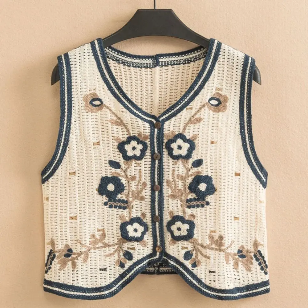 Sleeveless Embroidery Crochet Flower Vest Hollow Out V-neck Knitted Sweater Vest Cardigan Korean Style Jumpers Waistcoat Top