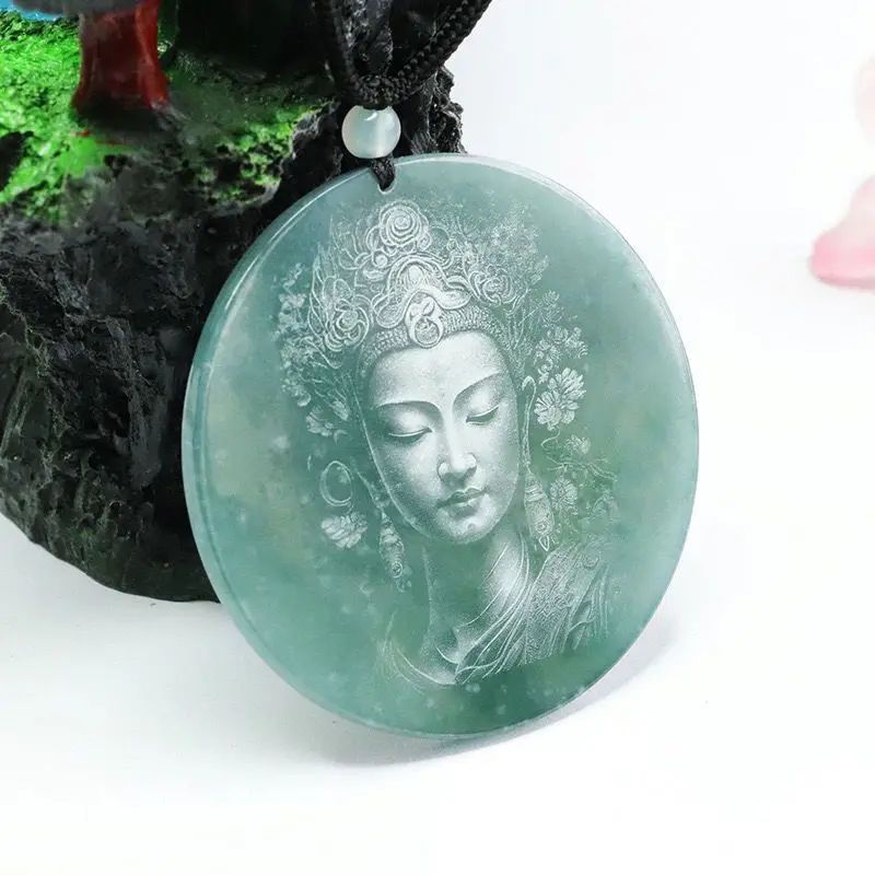 Jade Blue Water Shadow Carved Buddha Statue Guanyin Bodhisattva Ice Jade Pendant for Men and Women Jade Pendant