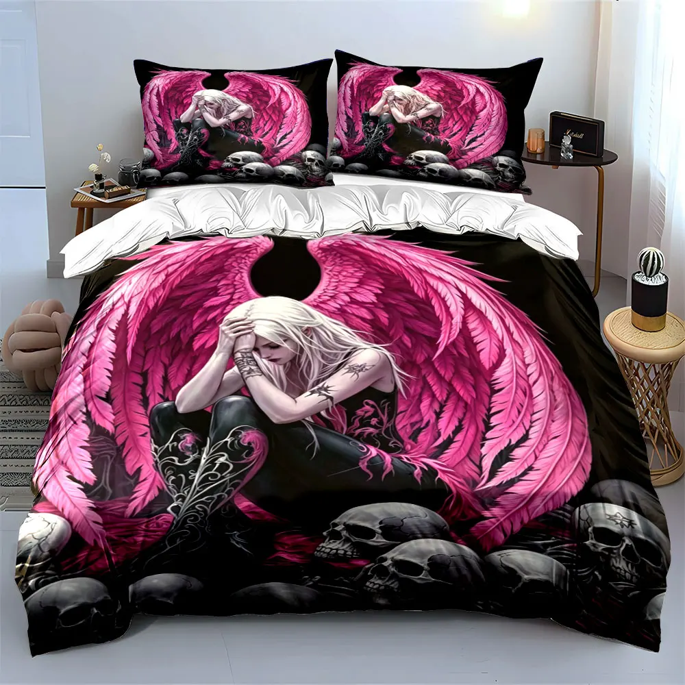 2026 3PC Gothic Pink Angel Wings Print Bedding Set 3D Fallen Angel Duvet Cover Pillowcases Skull Skeleton Black Bed Linen