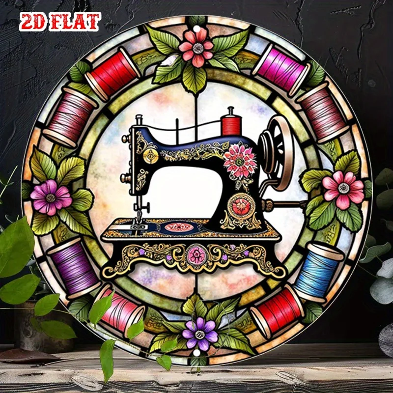 2D Flat - Classic 2D Flat Round Aluminum Sign, Embroidery Tools Metal Tin Sign - Vintage Rustic Wall Art for Sewers, Floral Desi
