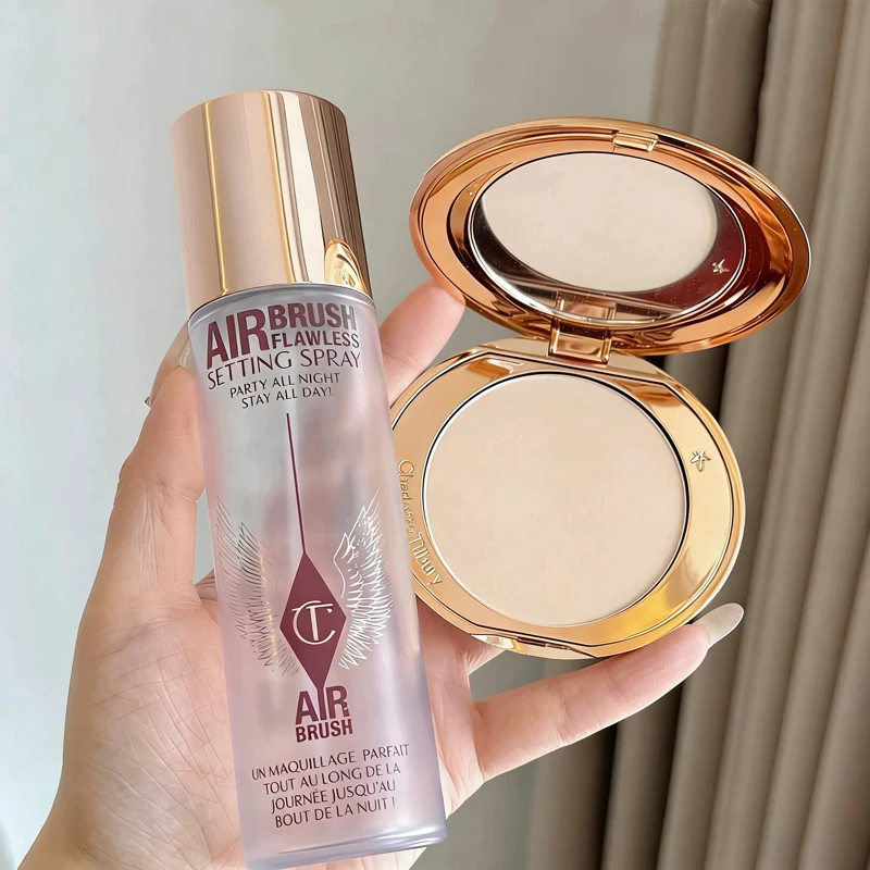 Set de Polvo Compacto Charlotte Tilbury, Control de Grasa, Resistente al Agua, Dos Colores, Polvo en Forma de Corazón, Colorete, Spray Fijador de Maquillaje Hidratante