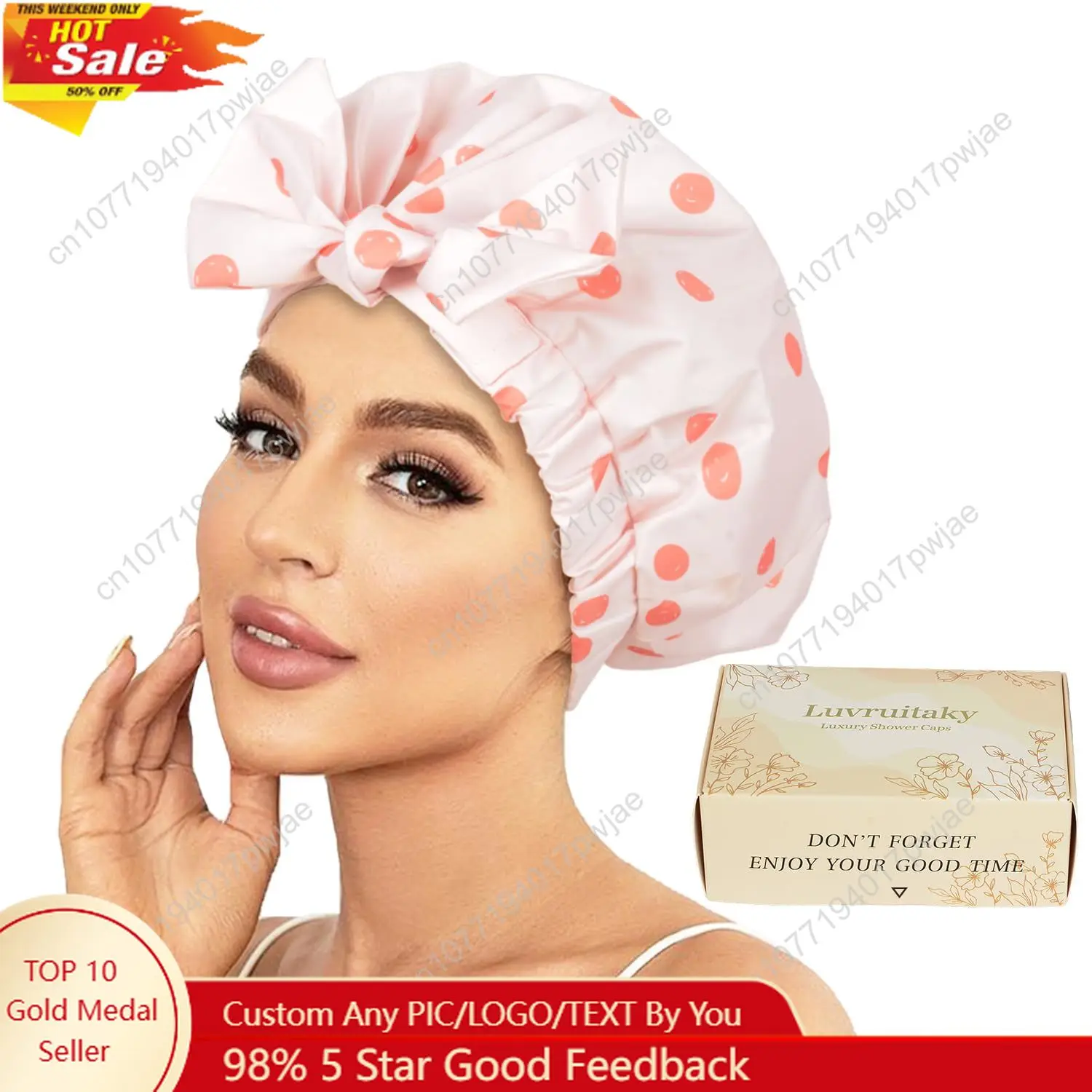 

Shower Cap Luxury Shower Caps for Women Reusable Waterproof Hair Cap for Shower with Adjustable Bowknot Hair Bath Cap (Pink)