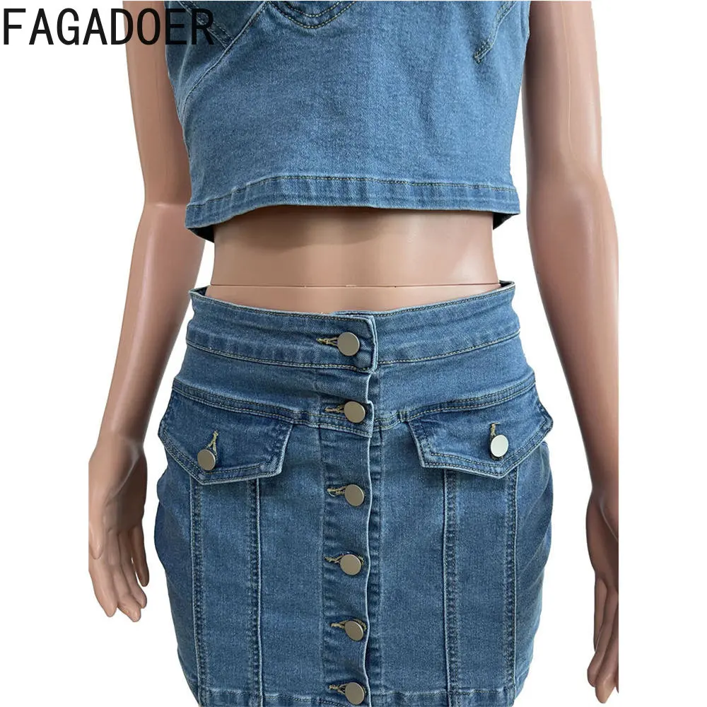 Imagem -06 - Fagadoer-sexy Conjunto de Duas Peças para Mulheres Top Curto com Decote em v sem Mangas Estilo Cowboy Moda Streetwear