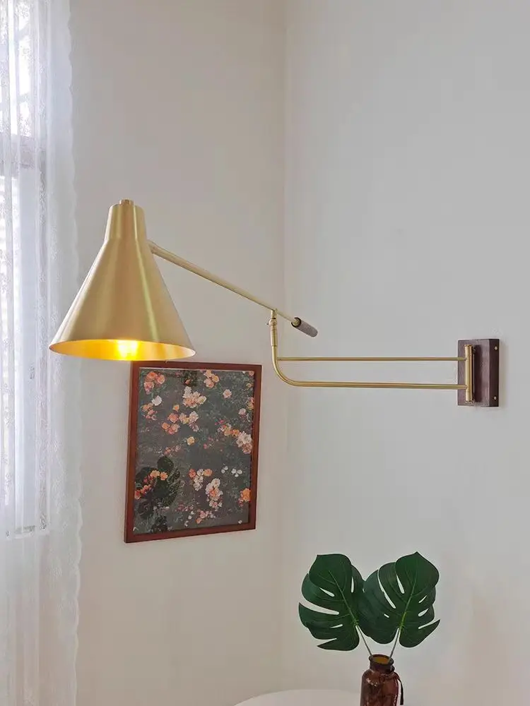 Brass Walnut Long Arm Telescopic Wall Lamp Nordic Bedroom Bedside Study Reading Restaurant Office Wall Lamp