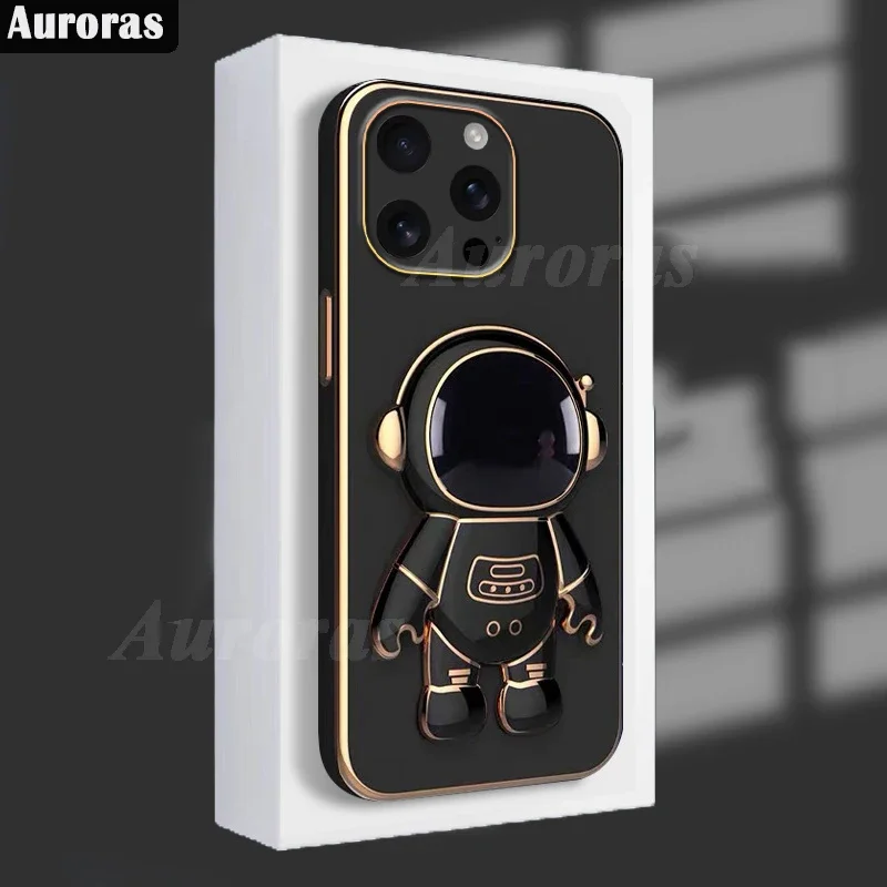 Skinlee For iPhone 16 Plus 16Pro Plus16 Case Astronaut Holder Plated Frame Soft Cover For iPhone 16 Pro Max Pro16 Back Casing